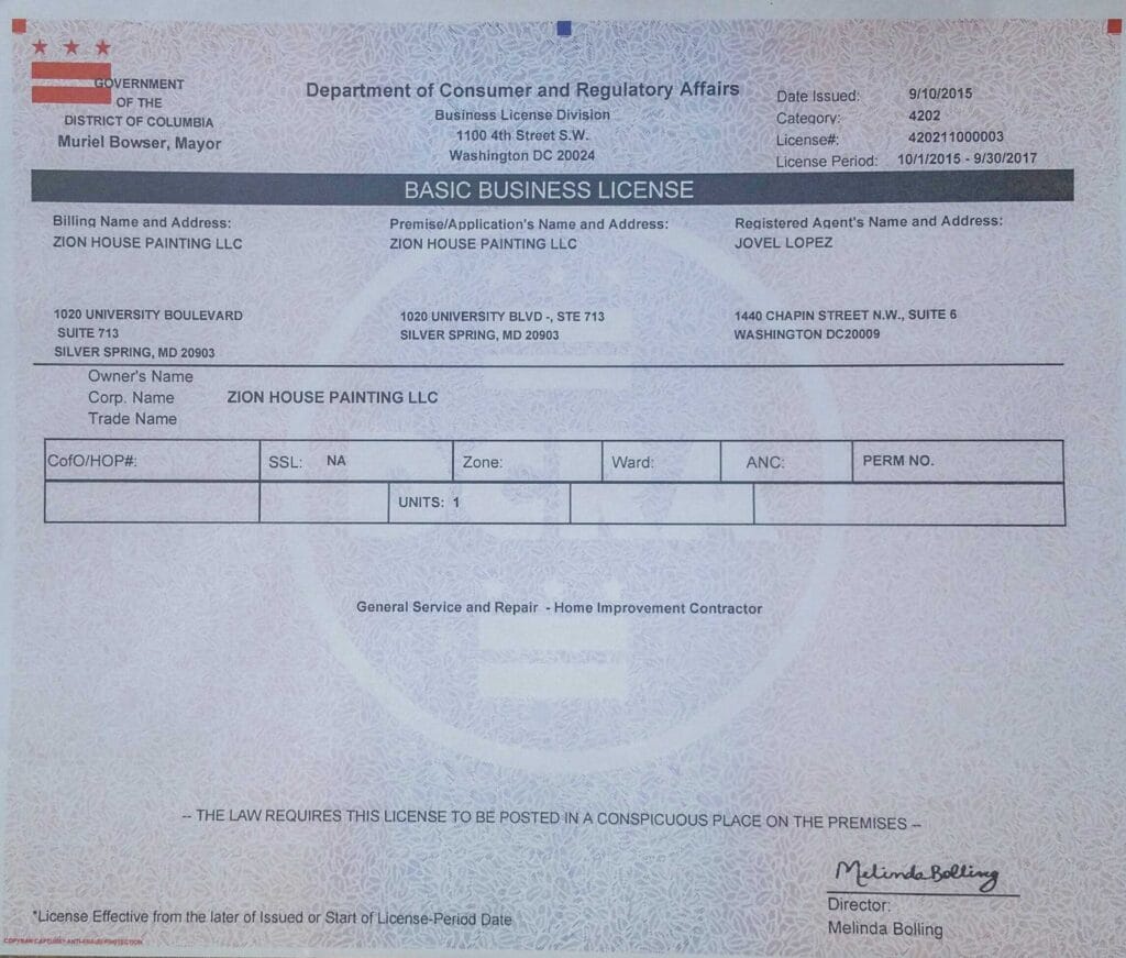 Expired DC Business License for Zion House Painting